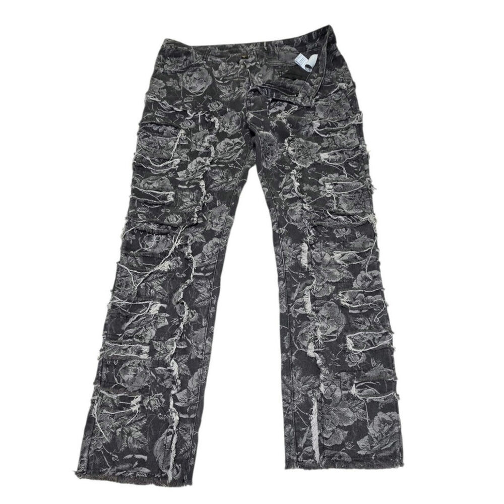 Black Floral Tapestry Shredded Jeans Distressed Jacquard Grunge Y2K Straight 36